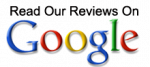 Graphic image displaying text reading "Read Our Reviews On" above the colorful Google logo